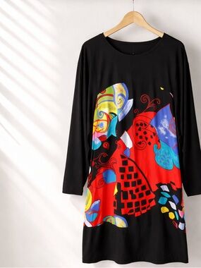 Black Long Sleeve Dress with Multicolor Abstract Print